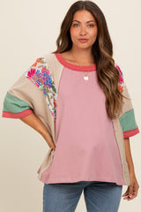 Mauve Floral Colorblock Raw Hem Maternity Oversized Top