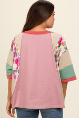 Mauve Floral Colorblock Raw Hem Maternity Oversized Top