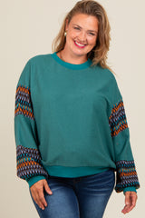 Teal Knit Contrast Sleeve Maternity Plus Pullover