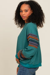 Teal Knit Contrast Sleeve Pullover