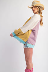 Yellow Colorblock Bubble Sleeve Maternity Pullover