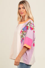 Lavender Floral Colorblock Raw Hem Oversized Top