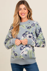 Light Blue Floral Print Crew Neck Maternity Sweater