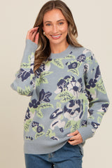 Light Blue Floral Print Crew Neck Sweater