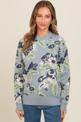 Light Blue Floral Print Crew Neck Sweater