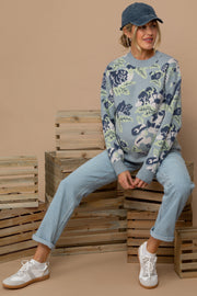 Light Blue Floral Print Crew Neck Maternity Sweater