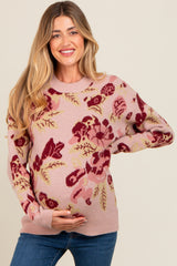 Mauve Floral Print Crew Neck Maternity Sweater