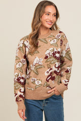 Beige Floral Print Crew Neck Sweater