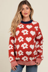 Rust Floral Heart Print Maternity Sweater