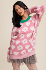 Pink Floral Heart Print Maternity Sweater