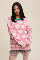 Pink Floral Heart Print Sweater