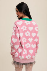 Pink Floral Heart Print Sweater