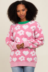 Pink Floral Heart Print Sweater