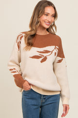 Mocha Leaf Print Colorblock Sweater