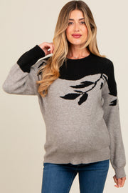 Black Leaf Print Colorblock Maternity Sweater