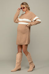 Beige Relaxed Fit Striped Mini Maternity Sweater Dress