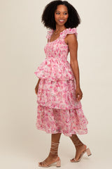 Pink Floral Smocked Tiered Layered Midi Dress