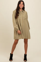 Light Olive Frayed Button Down Maternity Mini Dress