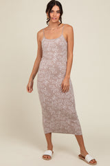 Beige Floral Knit Fitted Maternity Midi Dress