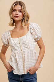 Natural Linen Gingham Babydoll Top