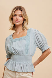 Dusty Sage Eyelet Square Neck Puff Sleeve Blouse