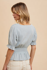 Dusty Sage Eyelet Square Neck Puff Sleeve Blouse