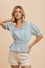 Dusty Sage Eyelet Square Neck Puff Sleeve Blouse