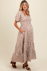 Light Mocha Floral Applique Tiered Maternity Maxi Dress