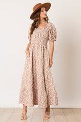 Light Mocha Floral Applique Tiered Maxi Dress