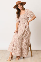 Light Mocha Floral Applique Tiered Maxi Dress