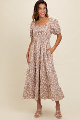 Light Mocha Floral Applique Tiered Maxi Dress