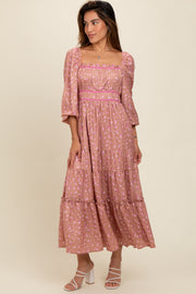 Mauve Satin Floral Pleated Tiered Maxi Dress