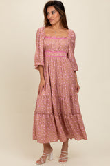 Mauve Satin Floral Pleated Tiered Maternity Maxi Dress