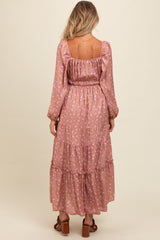 Mauve Satin Floral Pleated Tiered Maternity Maxi Dress