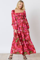 Red Satin Floral Smocked Ruffle Tier Maxi Dress