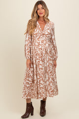 Cream Abstract Floral Gathered Front Maternity Midi Dress