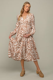 Cream Abstract Floral Gathered Front Maternity Midi Dress