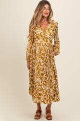 Gold Abstract Floral Gathered Front Maternity Midi Dress