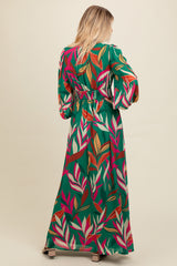 Forest Green Leaf Print Deep V-Neck Maxi Dress