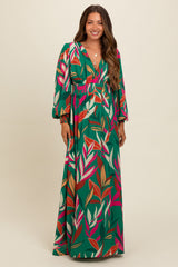 Forest Green Leaf Print Deep V-Neck Maternity Maxi Dress