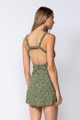 Olive Paisley V-Neck Open Back Mini Dress