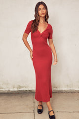 Red Knit Twisted V-Neck Maxi Dress