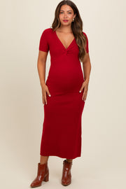 Red Knit Twisted V-Neck Maternity Maxi Dress