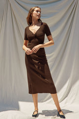 Brown Knit Twisted V-Neck Maxi Dress