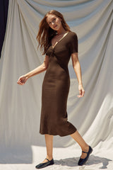 Brown Knit Twisted V-Neck Maxi Dress