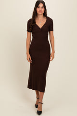 Brown Knit Twisted V-Neck Maxi Dress