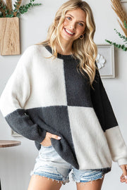 Charcoal Colorblock Checker Print Fuzzy Knit Sweater