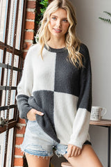 Charcoal Colorblock Checker Print Fuzzy Knit Sweater