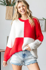 Red Colorblock Checker Print Fuzzy Knit Sweater