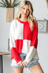 Red Colorblock Checker Print Fuzzy Knit Sweater